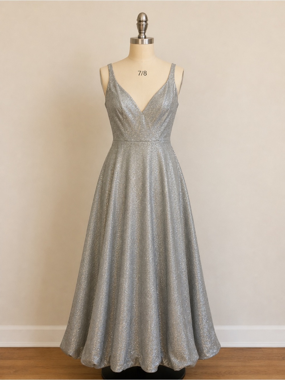 B Darlin Silver Sparkle V-Neck Maxi Gown